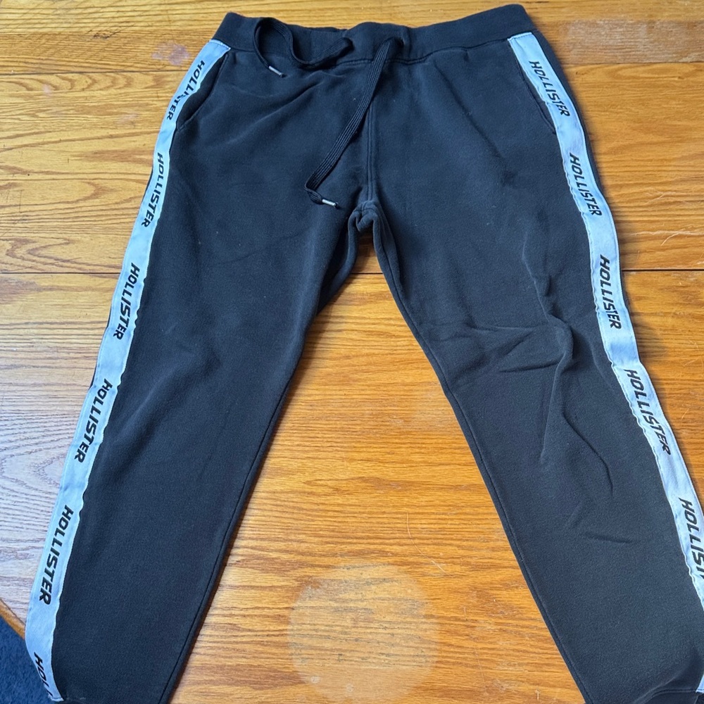 Hollister Black Sweatpants with Gray Logo Stripes